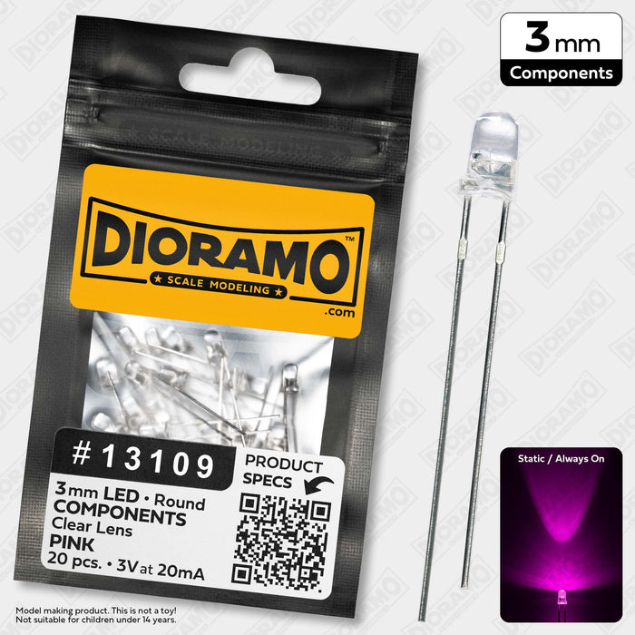 3mm Pink LED Components. Clear Lens. Round. 20 pcs.