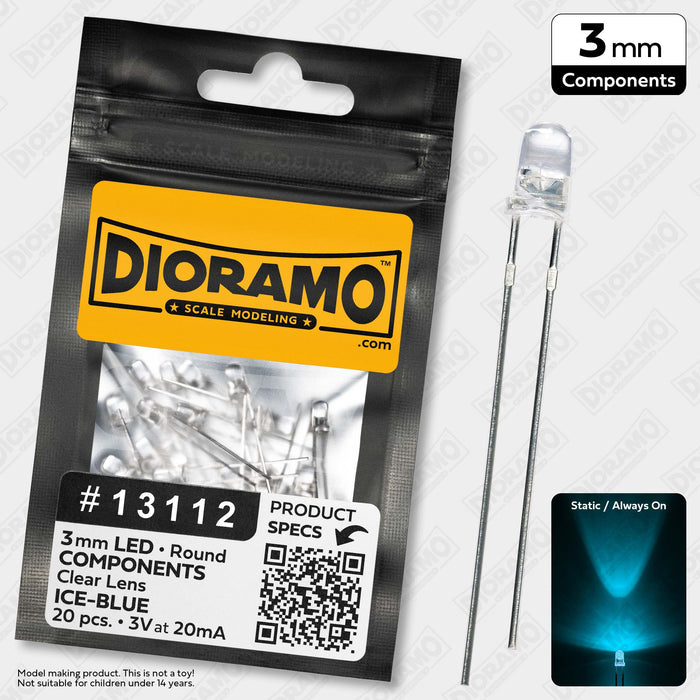 3mm Ice-Blue LED Components. Clear Lens. Round. 20 pcs.