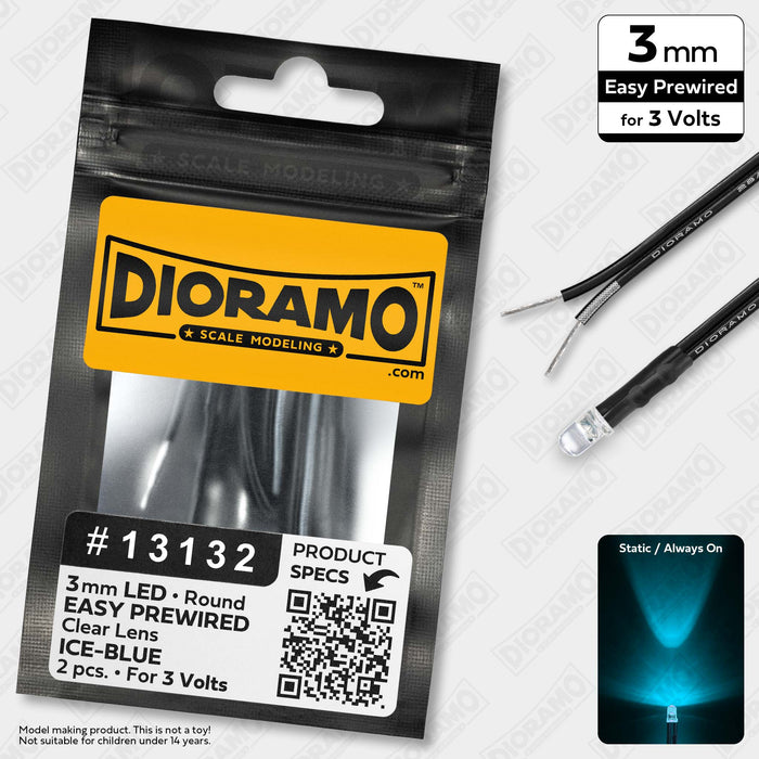 3mm Ice-Blue LED. Clear Lens. 3V Prewired 1ft. 2 pcs.