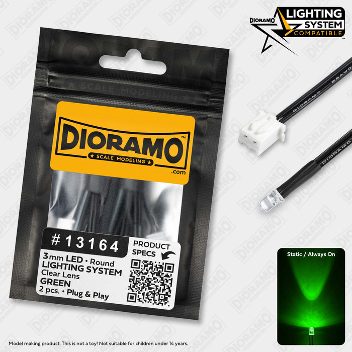 3mm Green LED. Clear Lens. Lighting System Prewired. 2 pcs.