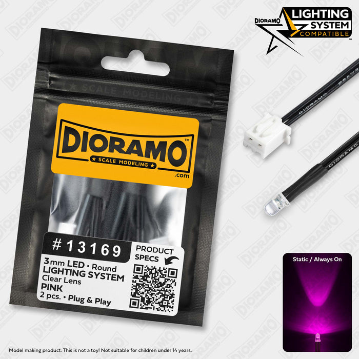 3mm Pink LED. Clear Lens. Lighting System Prewired. 2 pcs.