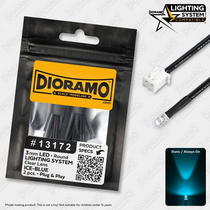 3mm Ice-Blue LED. Clear Lens. Lighting System Prewired. 2 pcs.