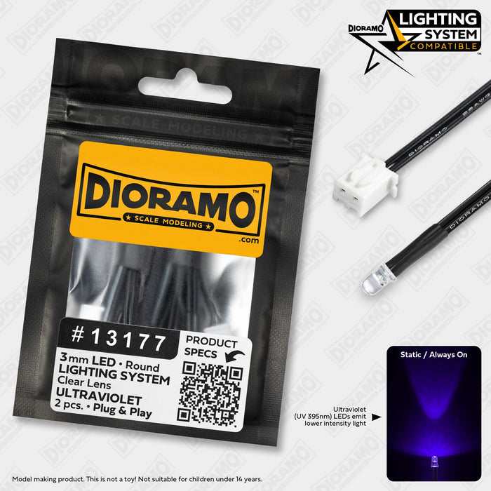 3mm Ultraviolet LED. Clear Lens. Lighting System Prewired. 2 pcs.