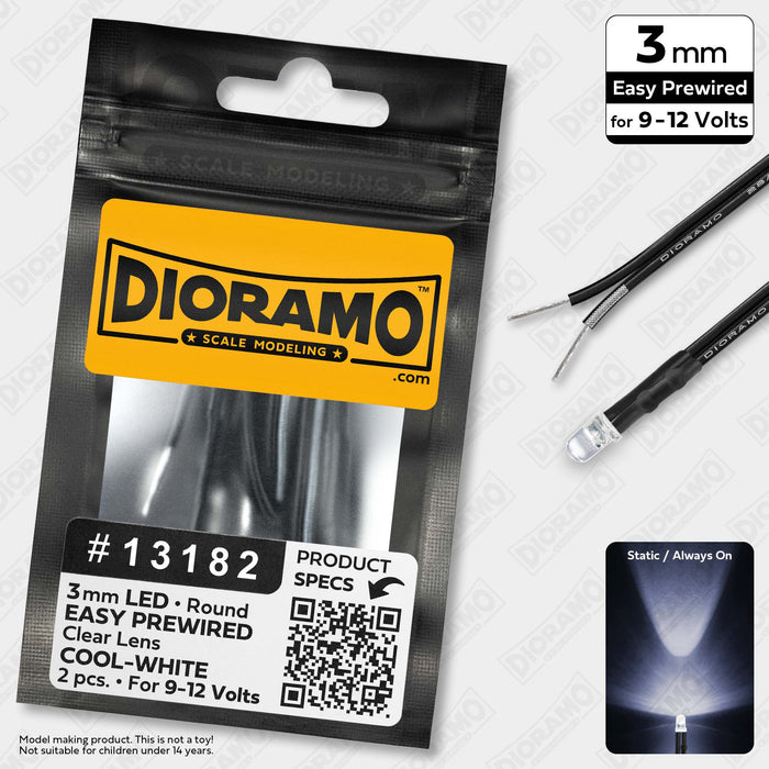 3mm Cool-White LED. Clear Lens. 9-12V Prewired 1ft. 2 pcs.