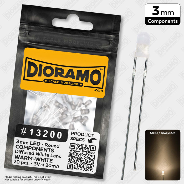3mm Warm-White LED Components. Diffused White Lens. Round. 20 pcs.