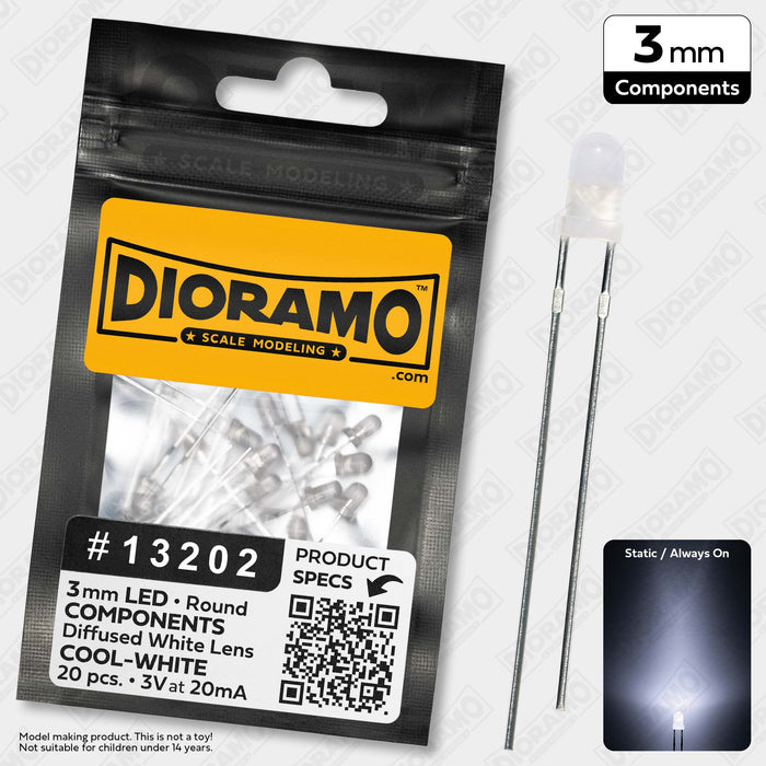 3mm Cool-White LED Components. Diffused White Lens. Round. 20 pcs.