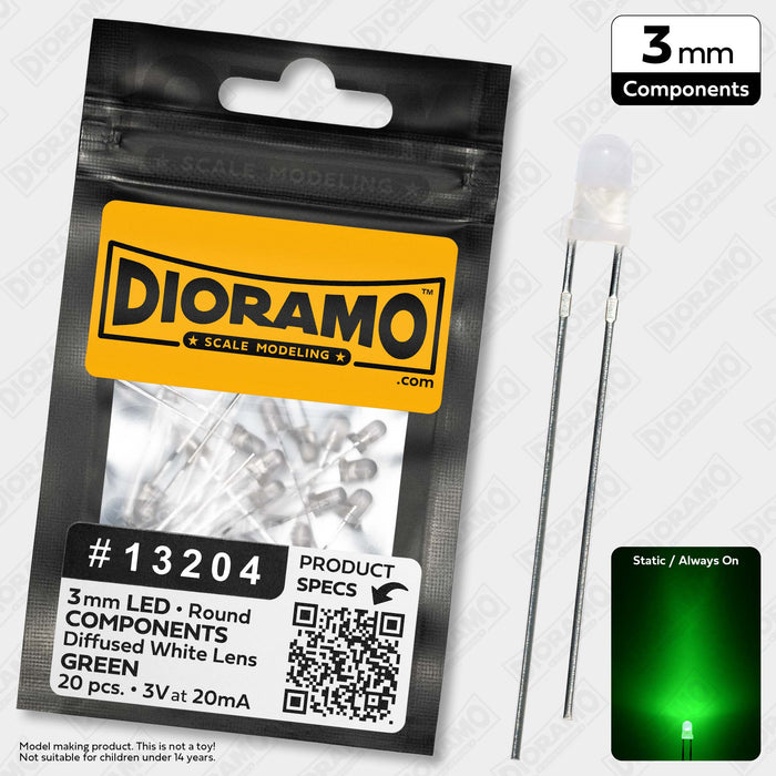 3mm Green LED Components. Diffused White Lens. Round. 20 pcs.