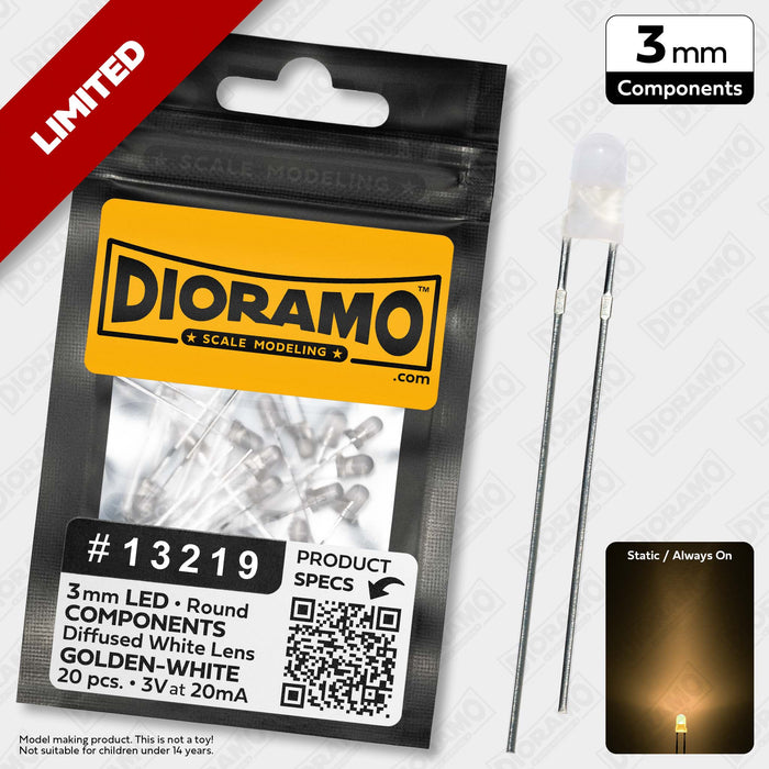 3mm Golden-White LED Components. Diffused White Lens. Round. 20 pcs.