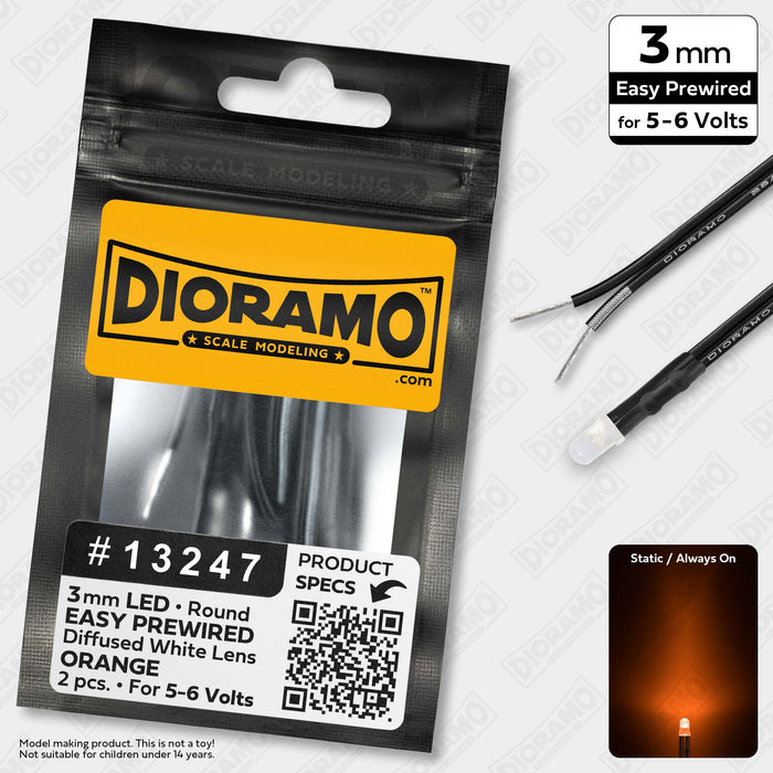 3mm Orange LED. Diffused White Lens. 5-6V Prewired 1ft. 2 pcs.