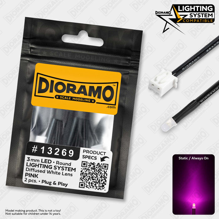 3mm Pink LED. Diffused White Lens. Lighting System Prewired. 2 pcs.