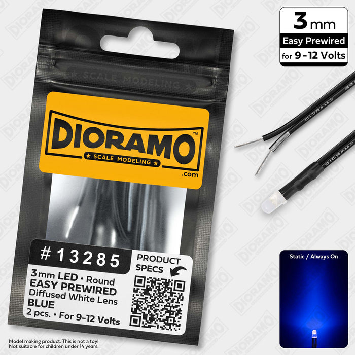 3mm Blue LED. Diffused White Lens. 9-12V Prewired 1ft. 2 pcs.