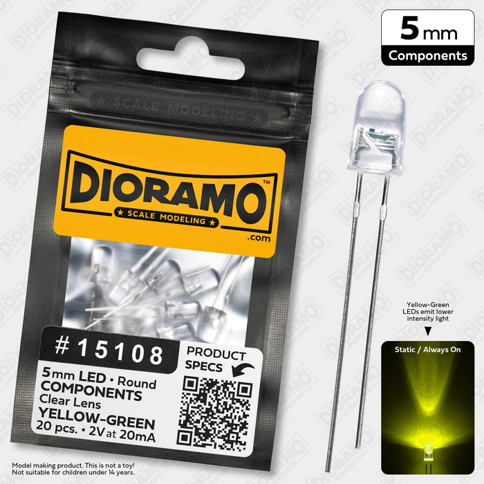 5mm Yellow-Green LED Components. Clear Lens. Round. 20 pcs.