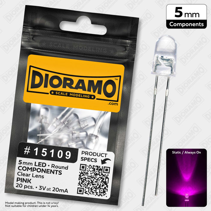 5mm Pink LED Components. Clear Lens. Round. 20 pcs.