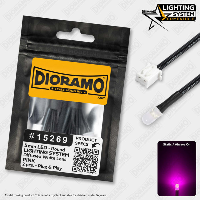 5mm Pink LED. Diffused White Lens. Lighting System Prewired. 2 pcs.