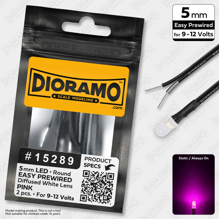 5mm Pink LED. Diffused White Lens. 9-12V Prewired 1ft. 2 pcs.