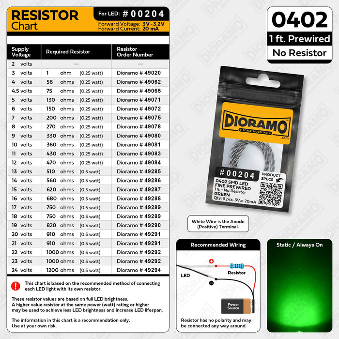 0402 Green SMD LED. No Resistor Fine Prewired 1ft. 5 pcs.