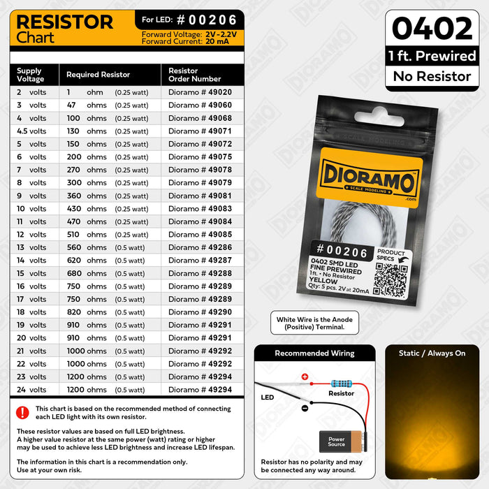 0402 Yellow SMD LED. No Resistor Fine Prewired 1ft. 5 pcs.