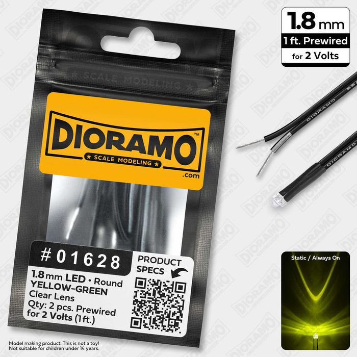 1.8mm Yellow-Green LED. Clear Lens. 2 Volts Prewired 1ft. 2 pcs.