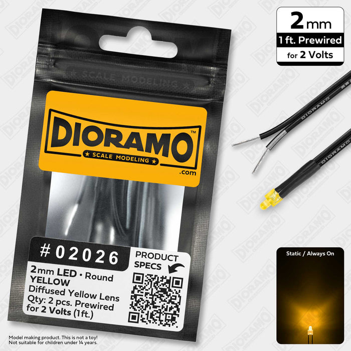 2mm Yellow LED. Diffused Yellow Lens. 2 Volts Prewired 1ft. 2 pcs.