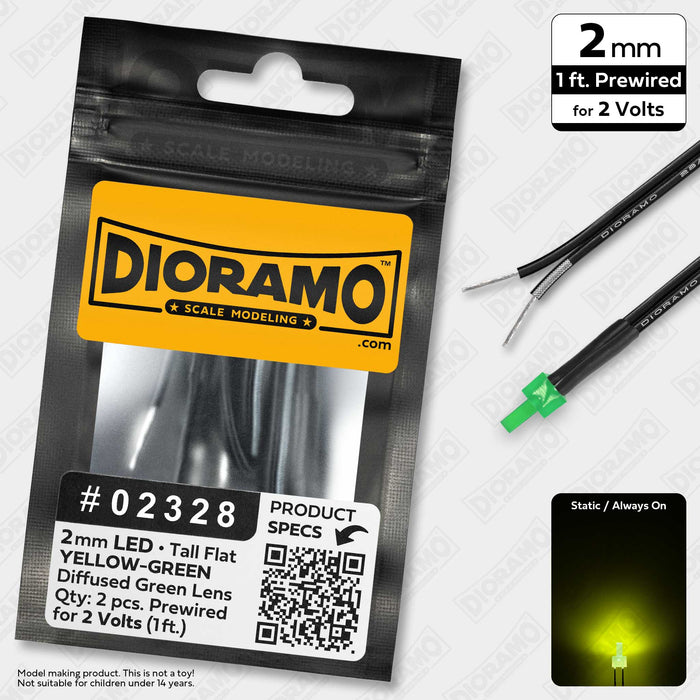 2mm Yellow-Green LED. Diffused Tall Lens. 2V Prewired 1ft. 2pcs.