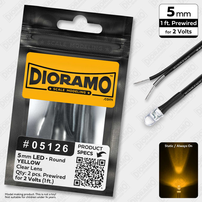 5mm Yellow LED. Clear Lens. 2 Volts Prewired 1ft. 2 pcs.