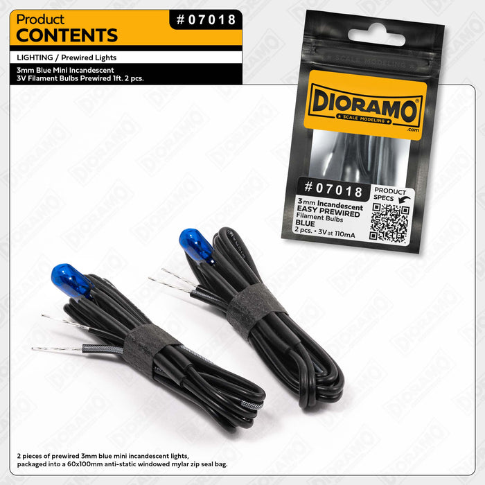 3mm Blue Mini Incandescent 3V Filament Bulbs Prewired 1ft. 2 pcs.