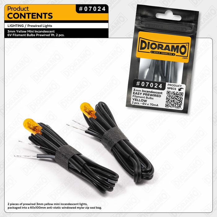 3mm Yellow Mini Incandescent 6V Filament Bulbs Prewired 1ft. 2 pcs.