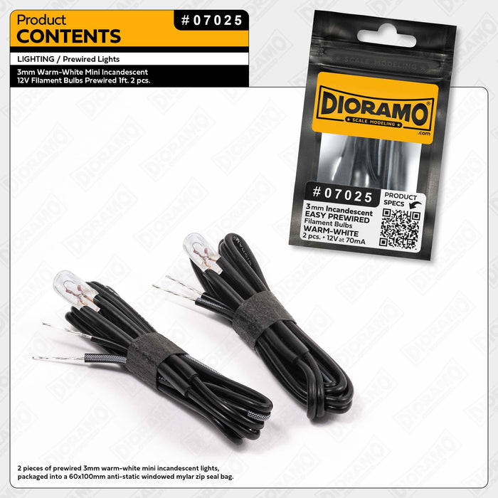 3mm Warm-White Mini Incandescent 12V Filament Bulbs Prewired 1ft. 2pcs