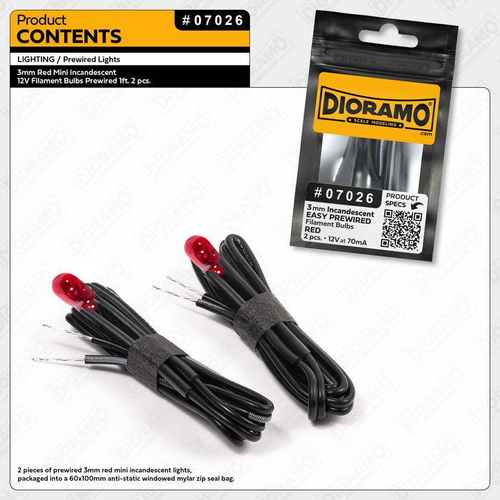 3mm Red Mini Incandescent 12V Filament Bulbs Prewired 1ft. 2 pcs.