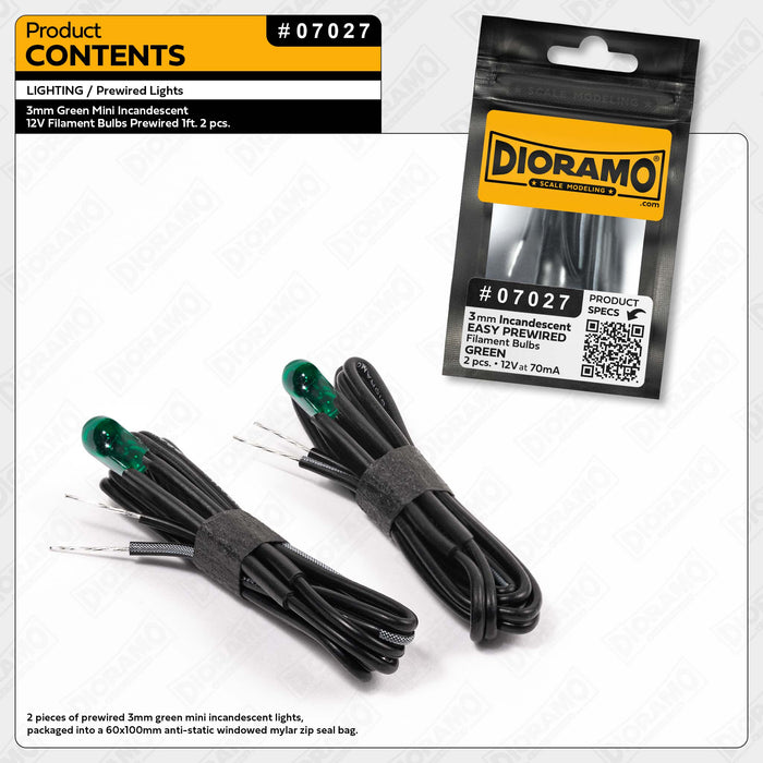 3mm Green Mini Incandescent 12V Filament Bulbs Prewired 1ft. 2 pcs.