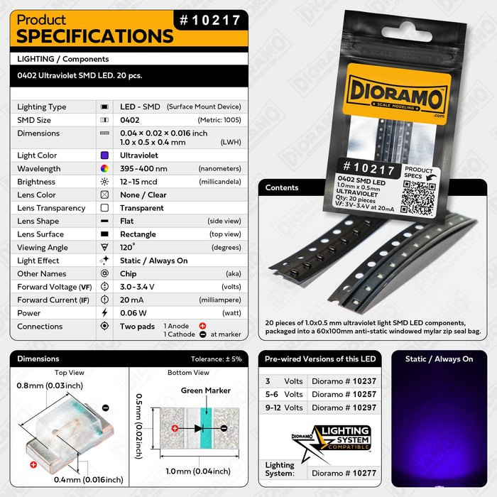 0402 Ultraviolet SMD LED. 20 pcs.