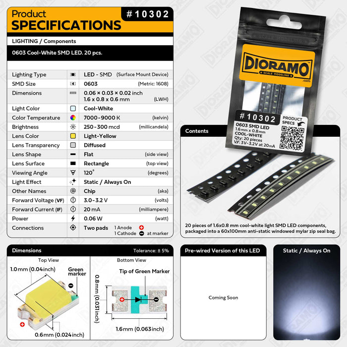 0603 Cool-White SMD LED. 20 pcs.