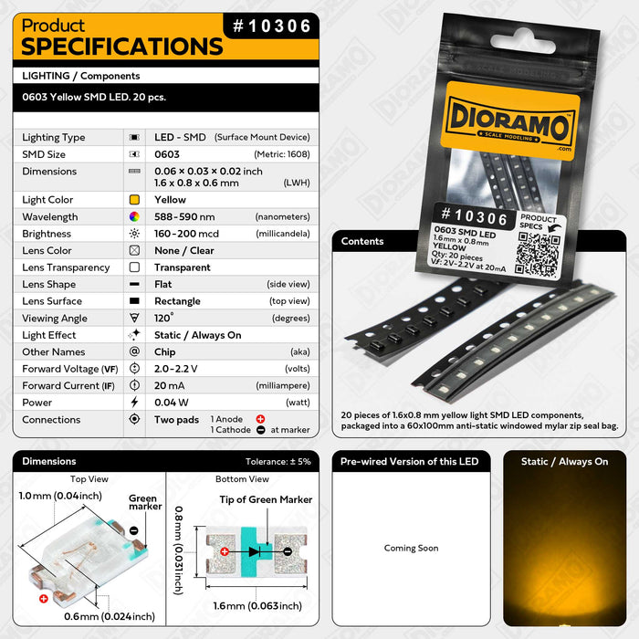 0603 Yellow SMD LED. 20 pcs.