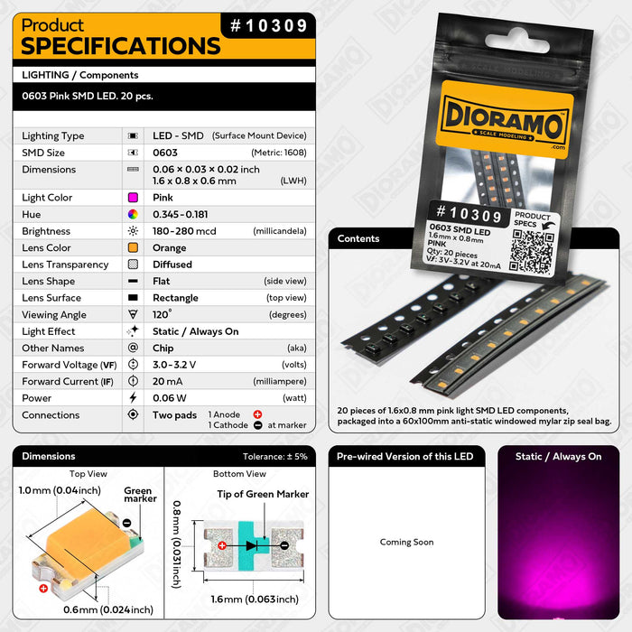 0603 Pink SMD LED. 20 pcs.