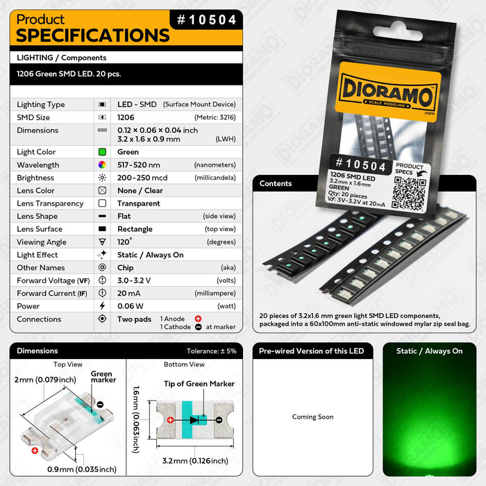 1206 Green SMD LED. 20 pcs.