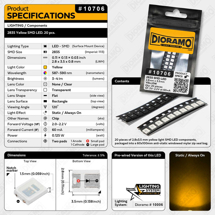 2835 Yellow SMD LED. 20 pcs.