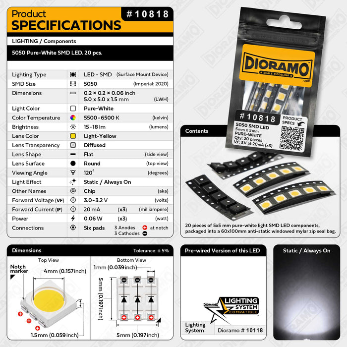 5050 Pure-White SMD LED. 20 pcs.