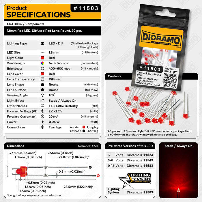 1.8mm Red LED. Diffused Red Lens. Round. 20 pcs.