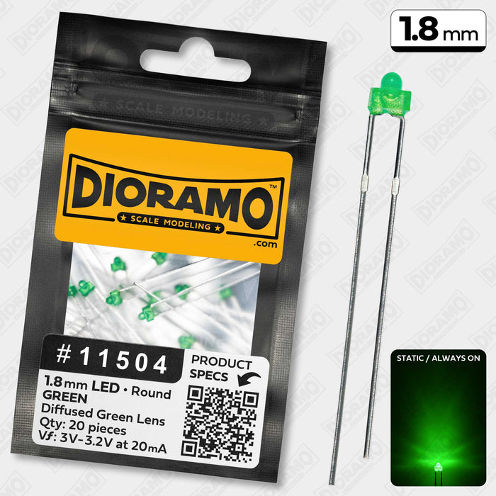 1.8mm Green LED. Diffused Green Lens. Round. 20 pcs.