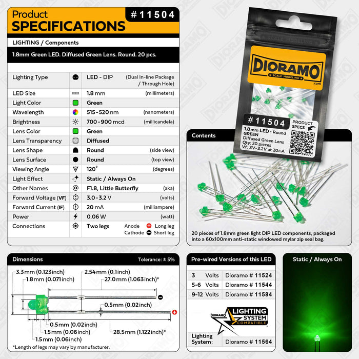 1.8mm Green LED. Diffused Green Lens. Round. 20 pcs.