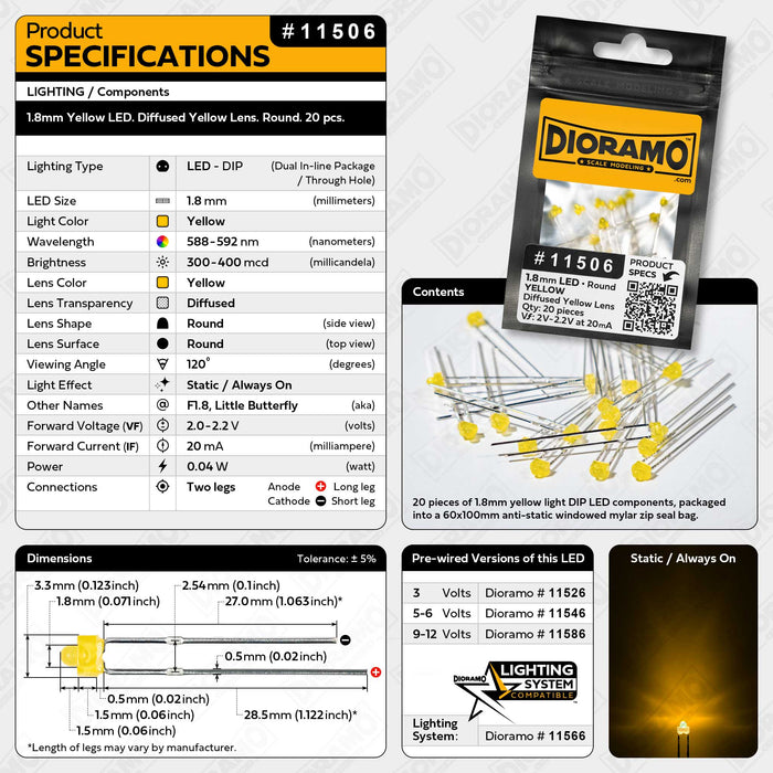 1.8mm Yellow LED. Diffused Yellow Lens. Round. 20 pcs.