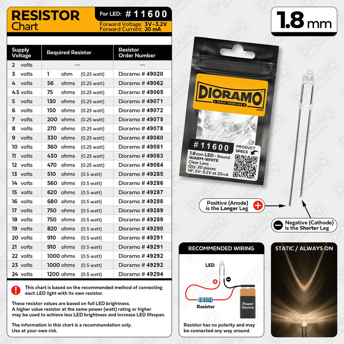 1.8mm Warm-White LED. Clear Lens. Round. 20 pcs.