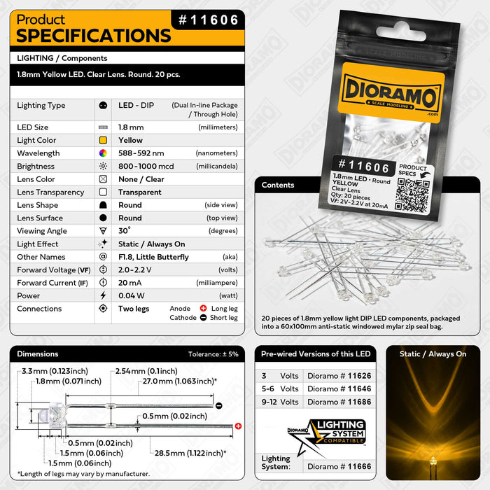 1.8mm Yellow LED. Clear Lens. Round. 20 pcs.