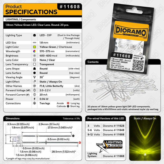 1.8mm Yellow-Green LED. Clear Lens. Round. 20 pcs.