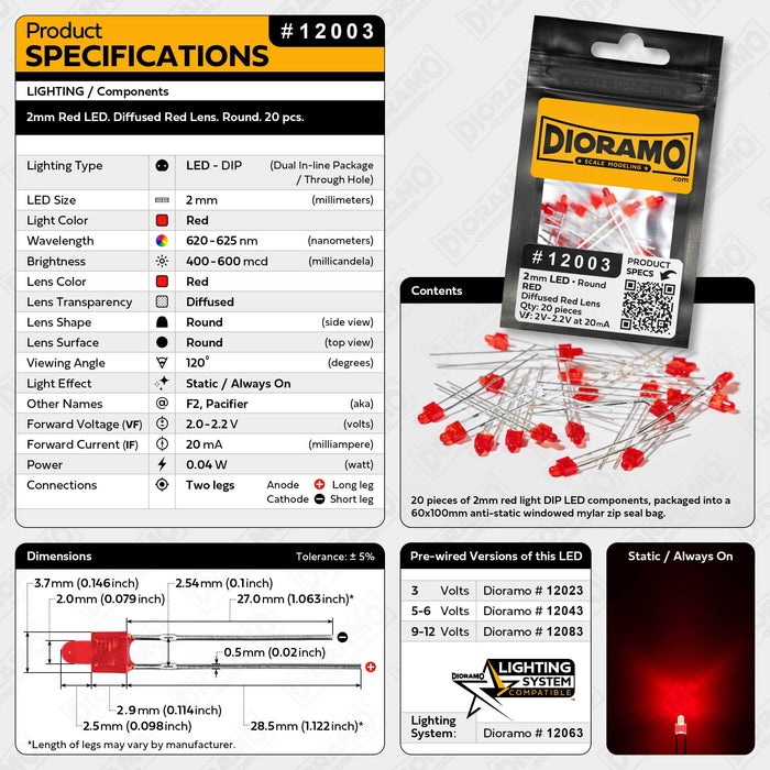 2mm Red LED Components. Diffused Red Lens. Round. 20 pcs. — Dioramo ...