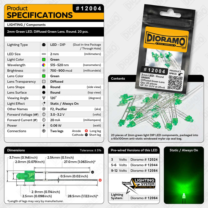 2mm Green LED. Diffused Green Lens. Round. 20 pcs.