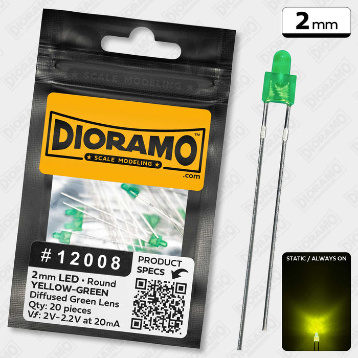 2mm Yellow-Green LED. Diffused Green Lens. Round. 20 pcs.