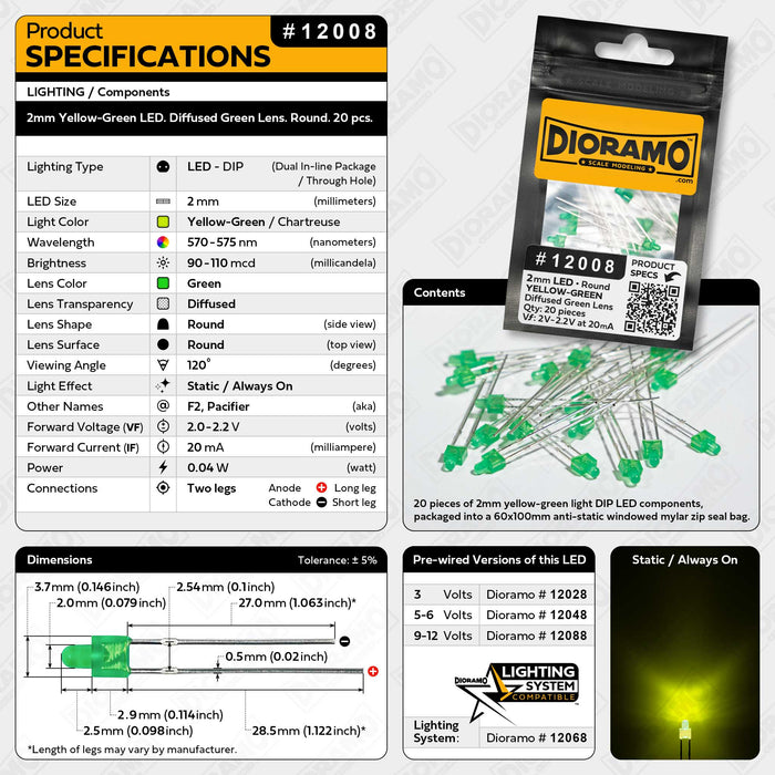 2mm Yellow-Green LED. Diffused Green Lens. Round. 20 pcs.