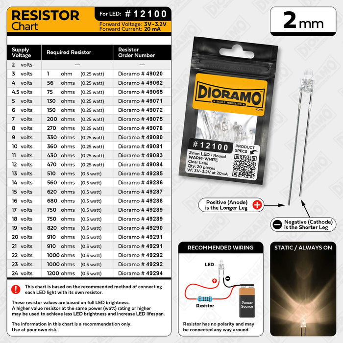 2mm Warm-White LED. Clear Lens. Round. 20 pcs.