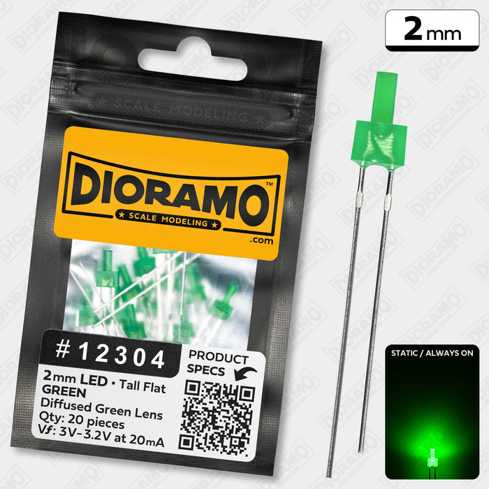 2mm Green LED. Diffused Green Lens. Tall Flat. 20 pcs.